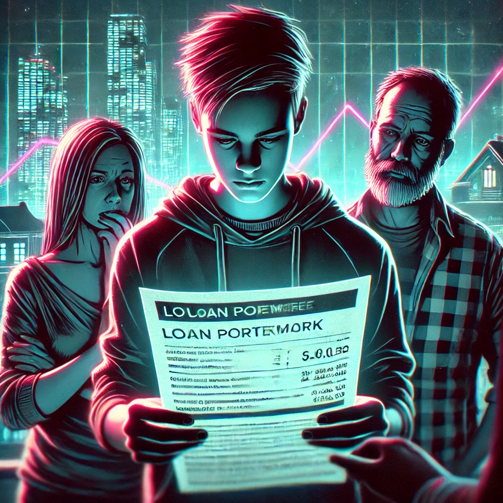 Finance Companies,  A 16-year-old boy looking at his loan paperwork with sadness and tears, standing alongside his family. The scene is set in a cyberpunk style with neon